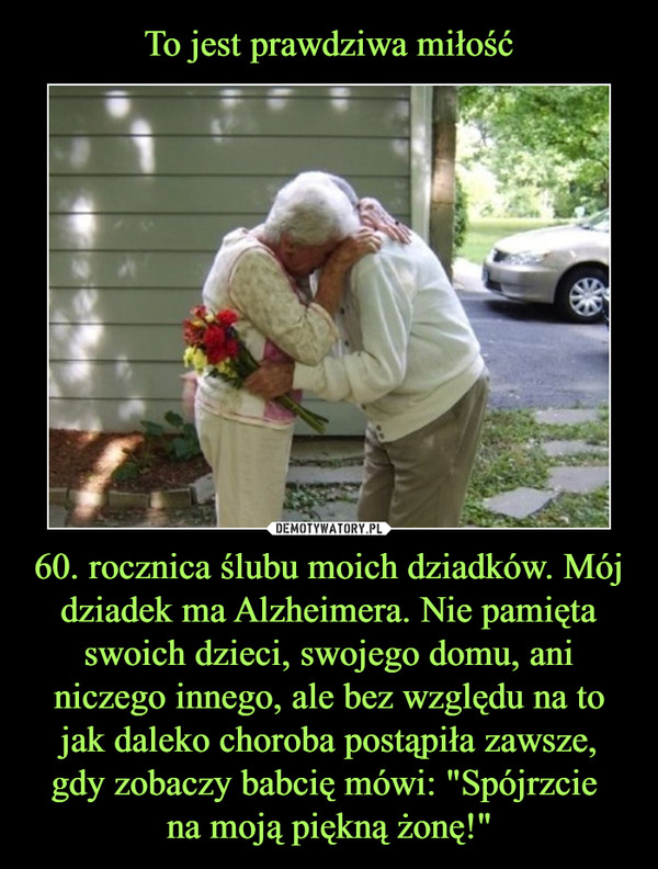 To jest prawdziwa miłość 60. rocznica ślubu moich dziadków. Mój dziadek ma Alzheimera. Nie pamięta swoich dzieci, swojego domu, ani niczego innego, ale bez względu na to jak daleko choroba postąpiła zawsze, gdy zobaczy babcię mówi: "Spójrzcie 
na moją piękną żonę!"