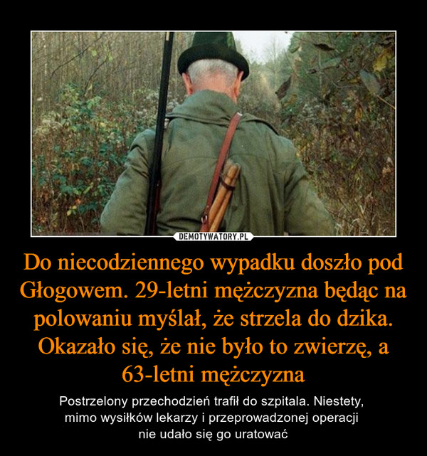 Do niecodziennego wypadku doszło pod Głogowem. 29-letni mężczyzna będąc na polowaniu myślał, że strzela do dzika. Okazało się, że nie było to zwierzę, a 63-letni mężczyzna
