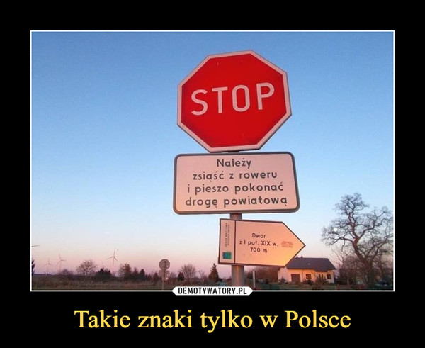 Takie znaki tylko w Polsce –  Należy zsiąść z roweru i pieszo pokonać drogę powiatową