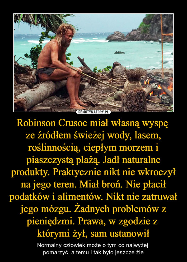 Robinson Crusoe miał własną wyspę ze źródłem świeżej wody, lasem, roślinnością, ciepłym morzem i piaszczystą plażą. Jadł naturalne produkty. Praktycznie nikt nie wkroczył na jego teren. Miał broń. Nie płacił podatków i alimentów. Nikt nie zatruwał jego mózgu. Żadnych problemów z pieniędzmi. Prawa, w zgodzie z którymi żył, sam ustanowił – Normalny człowiek może o tym co najwyżej pomarzyć, a temu i tak było jeszcze źle 