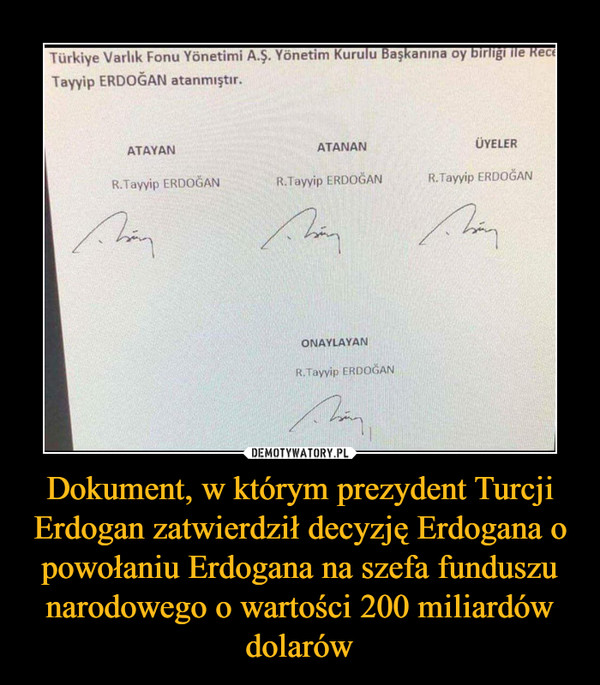 Dokument, w którym prezydent Turcji Erdogan zatwierdził decyzję Erdogana o powołaniu Erdogana na szefa funduszu narodowego o wartości 200 miliardów dolarów –  