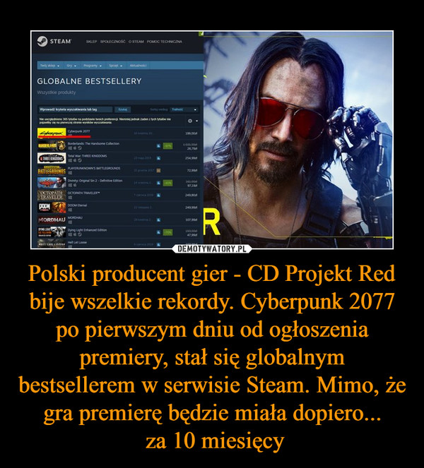 Polski producent gier - CD Projekt Red bije wszelkie rekordy. Cyberpunk 2077 po pierwszym dniu od ogłoszenia premiery, stał się globalnym bestsellerem w serwisie Steam. Mimo, że gra premierę będzie miała dopiero...
 za 10 miesięcy