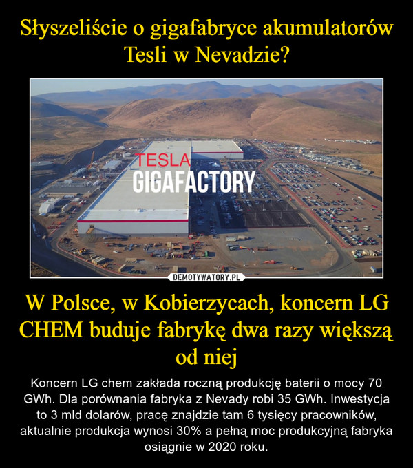 W Polsce, w Kobierzycach, koncern LG CHEM buduje fabrykę dwa razy większą od niej – Koncern LG chem zakłada roczną produkcję baterii o mocy 70 GWh. Dla porównania fabryka z Nevady robi 35 GWh. Inwestycja to 3 mld dolarów, pracę znajdzie tam 6 tysięcy pracowników, aktualnie produkcja wynosi 30% a pełną moc produkcyjną fabryka osiągnie w 2020 roku. 