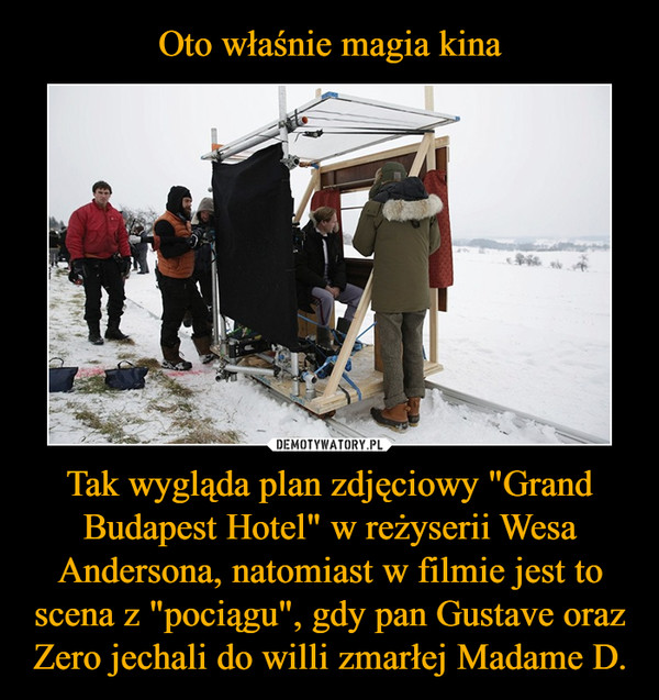 Tak wygląda plan zdjęciowy "Grand Budapest Hotel" w reżyserii Wesa Andersona, natomiast w filmie jest to scena z "pociągu", gdy pan Gustave oraz Zero jechali do willi zmarłej Madame D. –  