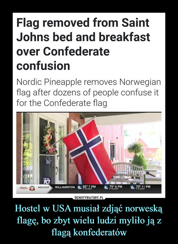 Hostel w USA musiał zdjąć norweską flagę, bo zbyt wielu ludzi myliło ją z flagą konfederatów –  Flag removed from SaintJohns bed and breakfastover ConfederateconfusionNordic Pineapple removes Norwegianflag after dozens of people confuse itfor the Confederate flag