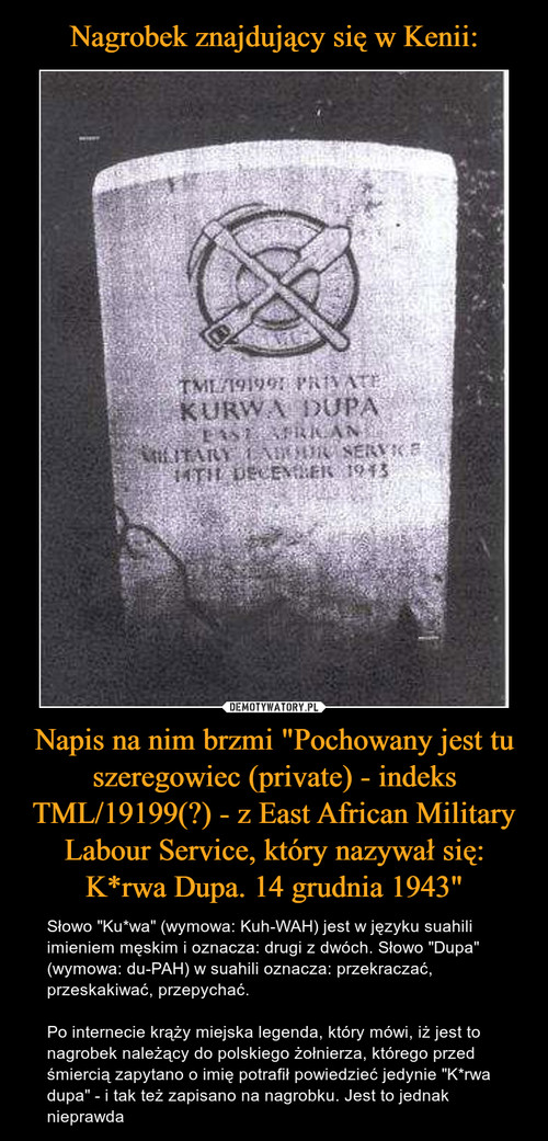 Nagrobek znajdujący się w Kenii: Napis na nim brzmi "Pochowany jest tu szeregowiec (private) - indeks TML/19199(?) - z East African Military Labour Service, który nazywał się: K*rwa Dupa. 14 grudnia 1943"