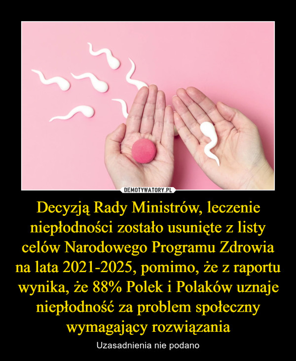 Decyzją Rady Ministrów, leczenie niepłodności zostało usunięte z listy celów Narodowego Programu Zdrowia na lata 2021-2025, pomimo, że z raportu wynika, że 88% Polek i Polaków uznaje niepłodność za problem społeczny wymagający rozwiązania – Uzasadnienia nie podano 