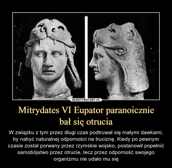 Mitrydates VI Eupator paranoiczniebał się otrucia – W związku z tym przez długi czas podtruwał się małymi dawkami, by nabyć naturalnej odporności na truciznę. Kiedy po pewnym czasie został porwany przez rzymskie wojsko, postanowił popełnić samobójstwo przez otrucie, lecz przez odporność swojego organizmu nie udało mu się 