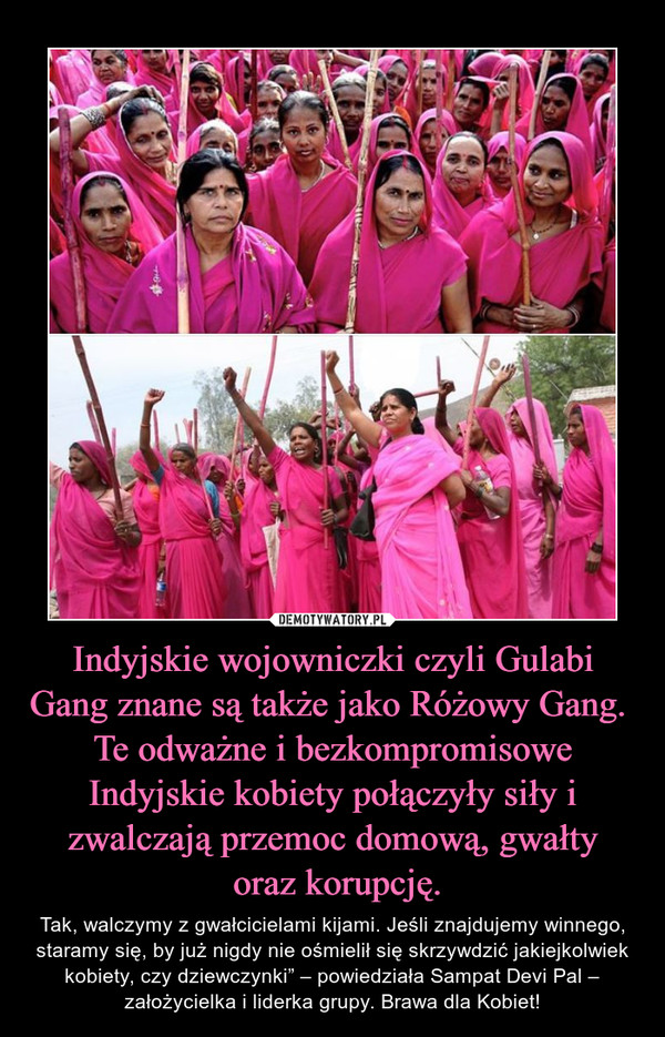 Indyjskie wojowniczki czyli Gulabi Gang znane są także jako Różowy Gang.  Te odważne i bezkompromisowe Indyjskie kobiety połączyły siły i zwalczają przemoc domową, gwałty oraz korupcję. – Tak, walczymy z gwałcicielami kijami. Jeśli znajdujemy winnego, staramy się, by już nigdy nie ośmielił się skrzywdzić jakiejkolwiek kobiety, czy dziewczynki” – powiedziała Sampat Devi Pal – założycielka i liderka grupy. Brawa dla Kobiet! 
