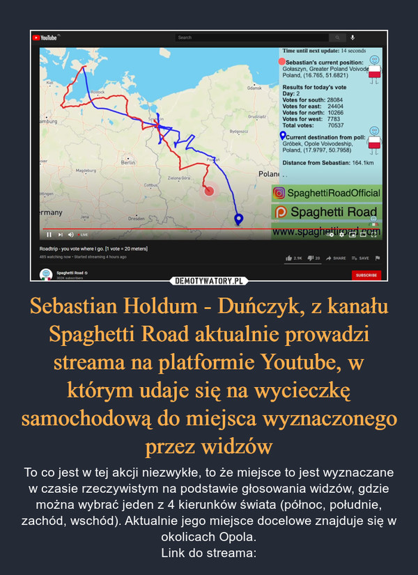 Sebastian Holdum - Duńczyk, z kanału Spaghetti Road aktualnie prowadzi streama na platformie Youtube, w którym udaje się na wycieczkę samochodową do miejsca wyznaczonego przez widzów