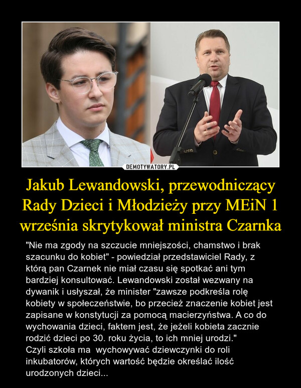 Jakub Lewandowski, przewodniczący Rady Dzieci i Młodzieży przy MEiN 1 września skrytykował ministra Czarnka
