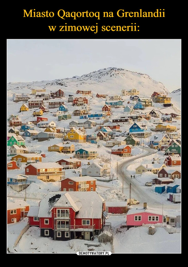 Miasto Qaqortoq na Grenlandii
w zimowej scenerii:
