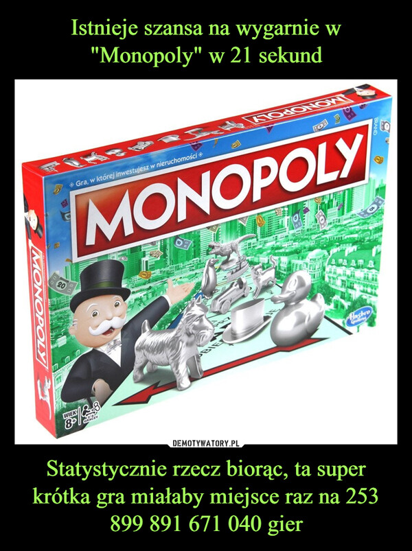 Istnieje szansa na wygarnie w "Monopoly" w 21 sekund Statystycznie rzecz biorąc, ta super krótka gra miałaby miejsce raz na 253 899 891 671 040 gier