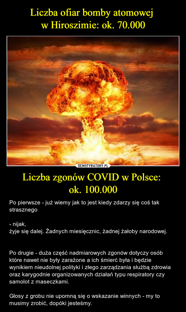 Liczba ofiar bomby atomowej 
w Hiroszimie: ok. 70.000 Liczba zgonów COVID w Polsce: 
ok. 100.000