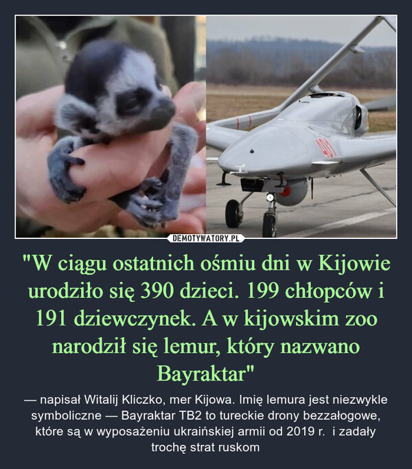 "W ciągu ostatnich ośmiu dni w Kijowie urodziło się 390 dzieci. 199 chłopców i 191 dziewczynek. A w kijowskim zoo narodził się lemur, który nazwano Bayraktar" – — napisał Witalij Kliczko, mer Kijowa. Imię lemura jest niezwykle symboliczne — Bayraktar TB2 to tureckie drony bezzałogowe, które są w wyposażeniu ukraińskiej armii od 2019 r.  i zadały trochę strat ruskom 