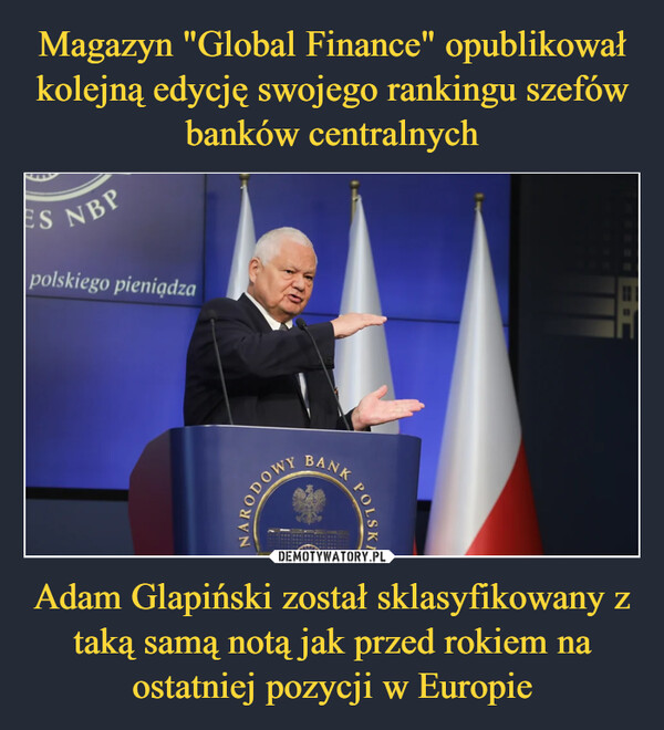 Magazyn "Global Finance" opublikował kolejną edycję swojego rankingu szefów banków centralnych Adam Glapiński został sklasyfikowany z taką samą notą jak przed rokiem na ostatniej pozycji w Europie