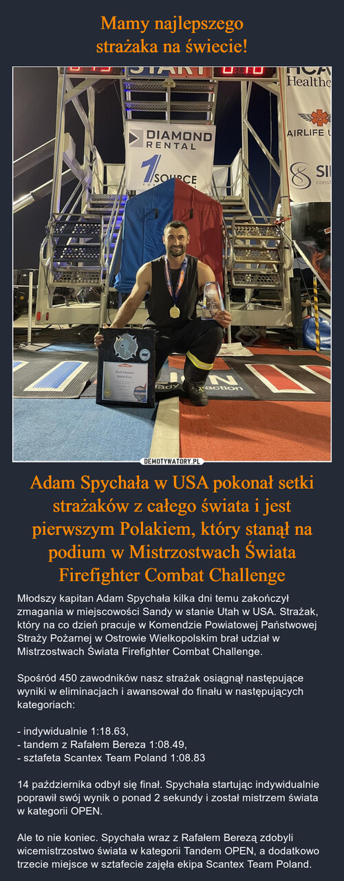 Mamy najlepszego
strażaka na świecie! Adam Spychała w USA pokonał setki strażaków z całego świata i jest pierwszym Polakiem, który stanął na podium w Mistrzostwach Świata Firefighter Combat Challenge