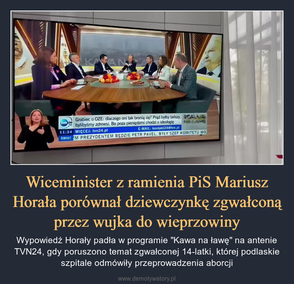 Wiceminister z ramienia PiS Mariusz Horała porównał dziewczynkę zgwałconą przez wujka do wieprzowiny – Wypowiedź Horały padła w programie "Kawa na ławę" na antenie TVN24, gdy poruszono temat zgwałconej 14-latki, której podlaskie szpitale odmówiły przeprowadzenia aborcji 