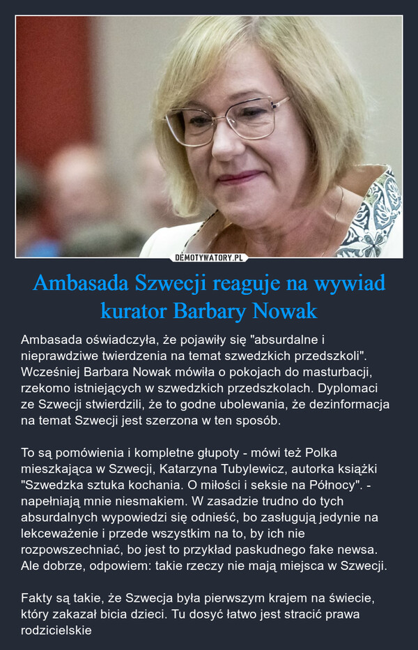 Ambasada Szwecji reaguje na wywiad kurator Barbary Nowak