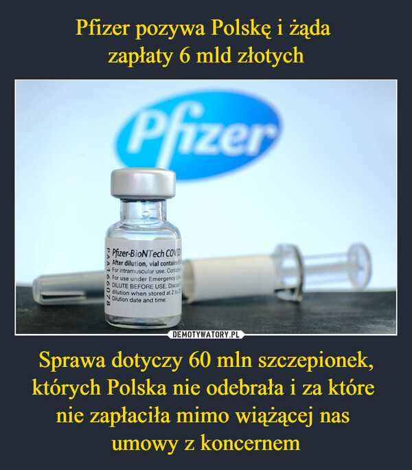 Sprawa dotyczy 60 mln szczepionek, których Polska nie odebrała i za które nie zapłaciła mimo wiążącej nas umowy z koncernem –  PfizerPfizer-BioNTech COVID>After dilution, vial containsFor intramuscular use. ContairsFor use under Emergency UstDILUTE BEFORE USE. DiscardOdilution when stored at 2 to 2N Dilution date and time:00