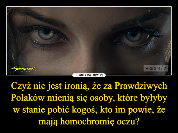 Czyż nie jest ironią, że za Prawdziwych Polaków mienią się osoby, które byłyby w stanie pobić kogoś, kto im powie, że mają homochromię oczu? –  LYBERFUNK207 7VG24/7