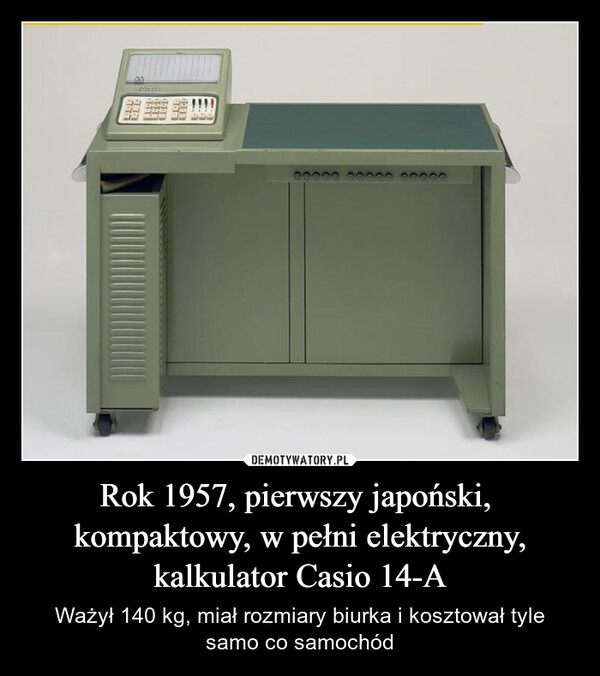 Rok 1957, pierwszy japoński,  kompaktowy, w pełni elektryczny, kalkulator Casio 14-A – Ważył 140 kg, miał rozmiary biurka i kosztował tyle samo co samochód 00000